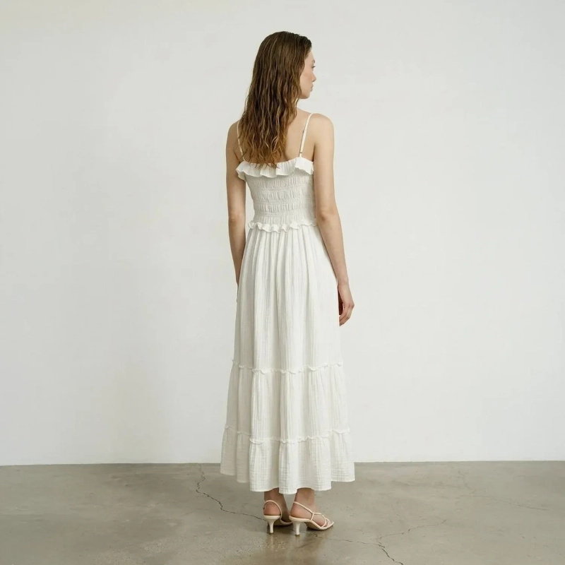 Women's Regular Casual Chic Maxi Dress - Smocked Bodice and Tiered Skirt - White