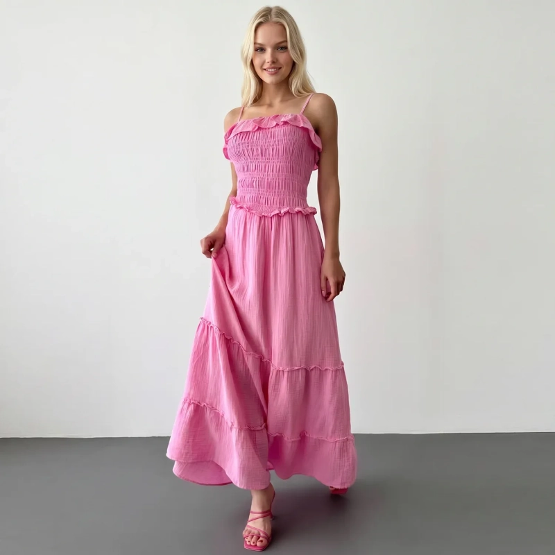 Women's Regular Casual Chic Maxi Dress - Smocked Bodice and Tiered Skirt - Pink