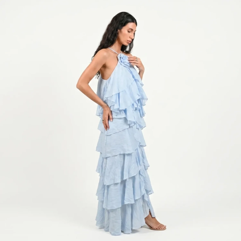 The Azure Ruffle Pastel Blue Gown - Halter Neck - Layered Silhouette