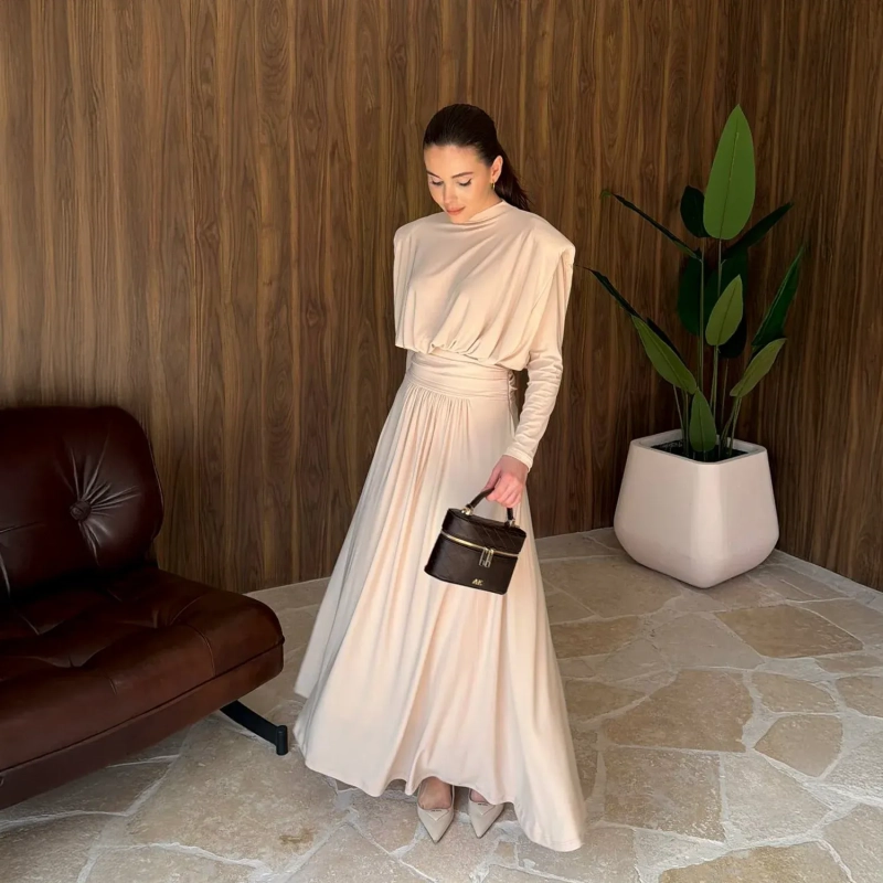 Women's Sleek Long Dress - Evening Wear and Formal Events - Beige