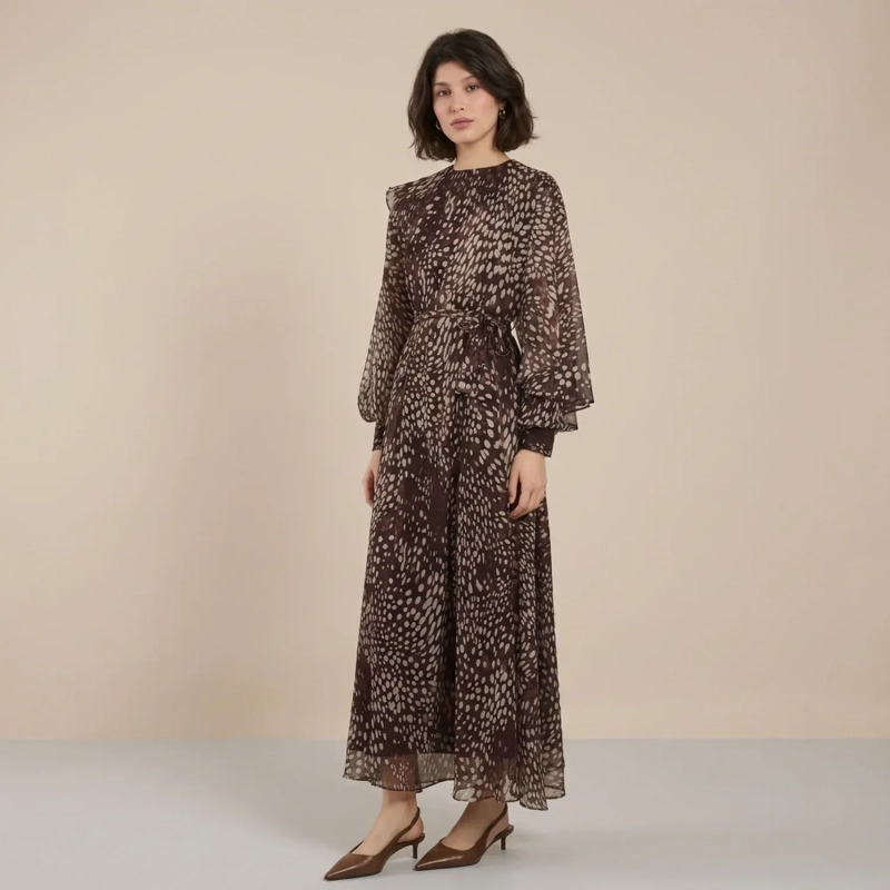 Women's Flowing Maxi Dress With Fabric Belt- Evening Events and Formal Gatherings - Brown