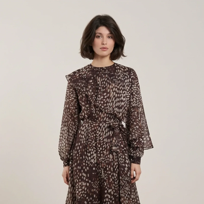 Women's Flowing Maxi Dress With Fabric Belt- Evening Events and Formal Gatherings - Brown