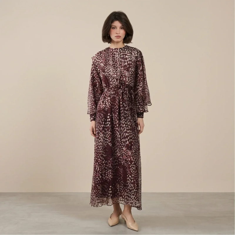 Women's Flowing Maxi Dress With Fabric Belt- Evening Events and Formal Gatherings - Burgundy