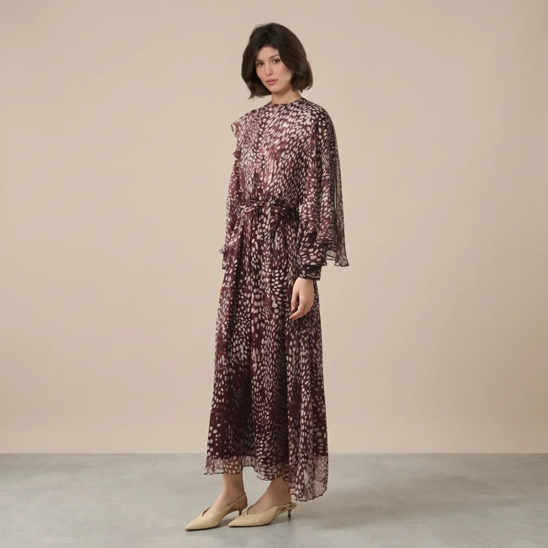 Women's Flowing Maxi Dress With Fabric Belt- Evening Events and Formal Gatherings - Burgundy