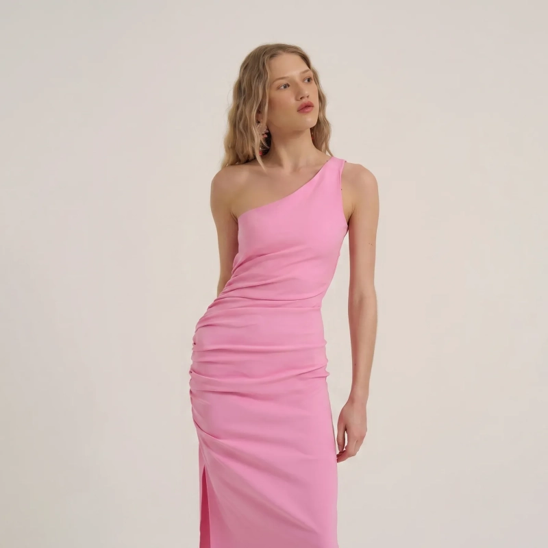 Women's Slim One-Shoulder Dress - Cocktail Party &amp; Evening Glam Wear - Light Pink