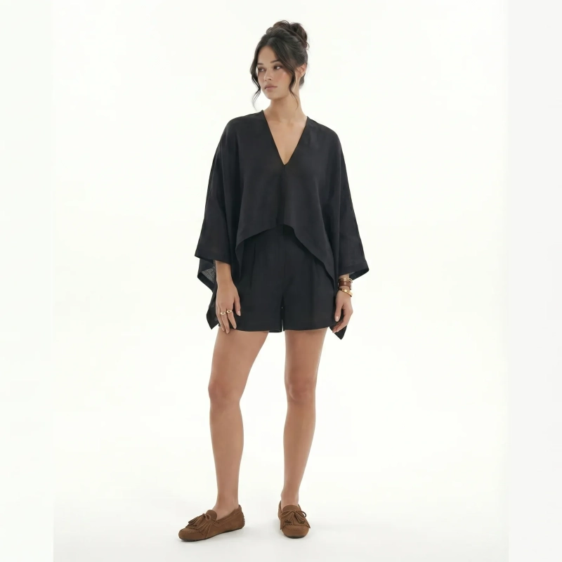 Women's Premium V - Neck Short - Sleeve Top &mdash; Casual Luxury Resort Wear, Daytime Gatherings &amp; Summer Escapes - Black