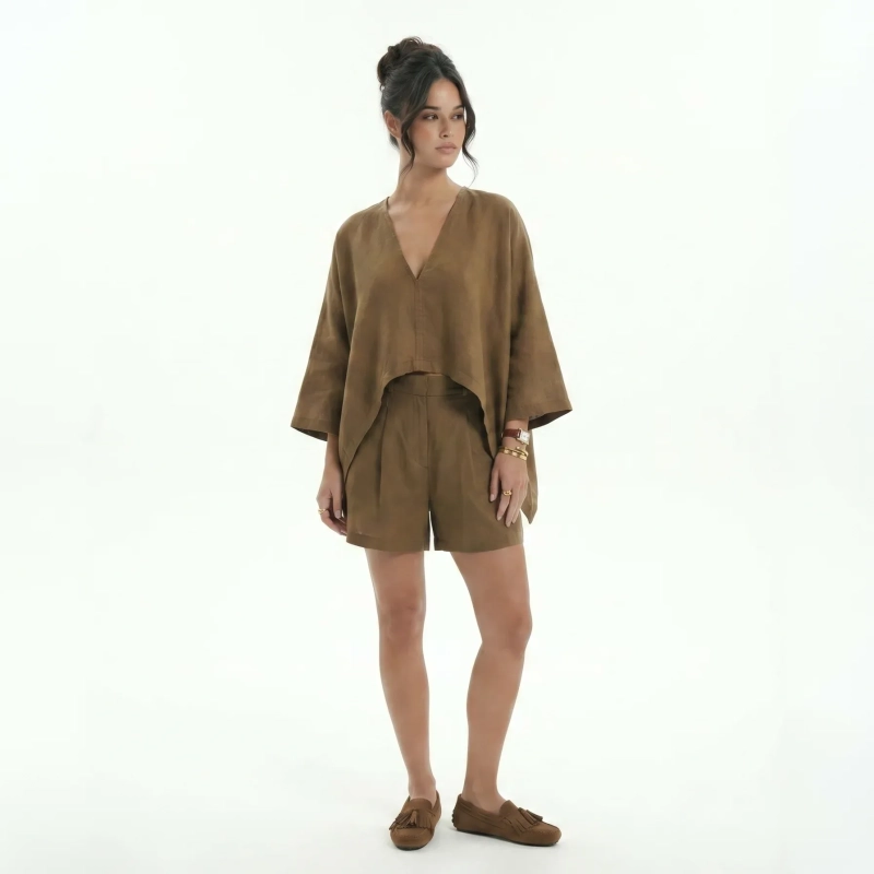Women's Premium V - Neck Short - Sleeve Top &mdash; Casual Luxury Resort Wear, Daytime Gatherings &amp; Summer Escapes - Brown
