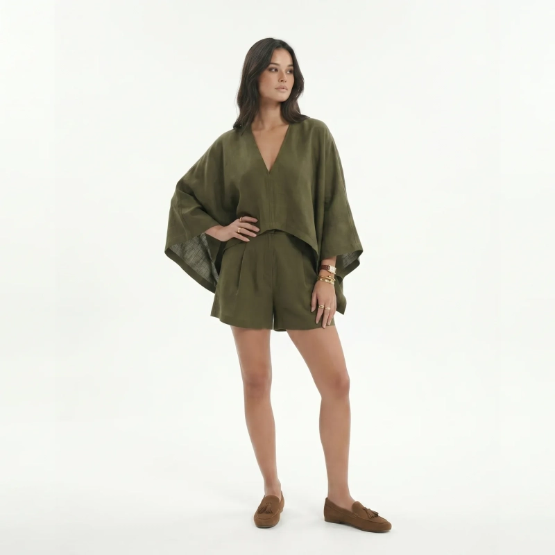 Women's Premium V - Neck Short - Sleeve Top &mdash; Casual Luxury Resort Wear, Daytime Gatherings &amp; Summer Escapes - Olive Green