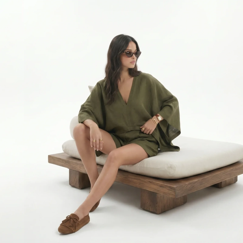 Women's Premium V - Neck Short - Sleeve Top &mdash; Casual Luxury Resort Wear, Daytime Gatherings &amp; Summer Escapes - Olive Green