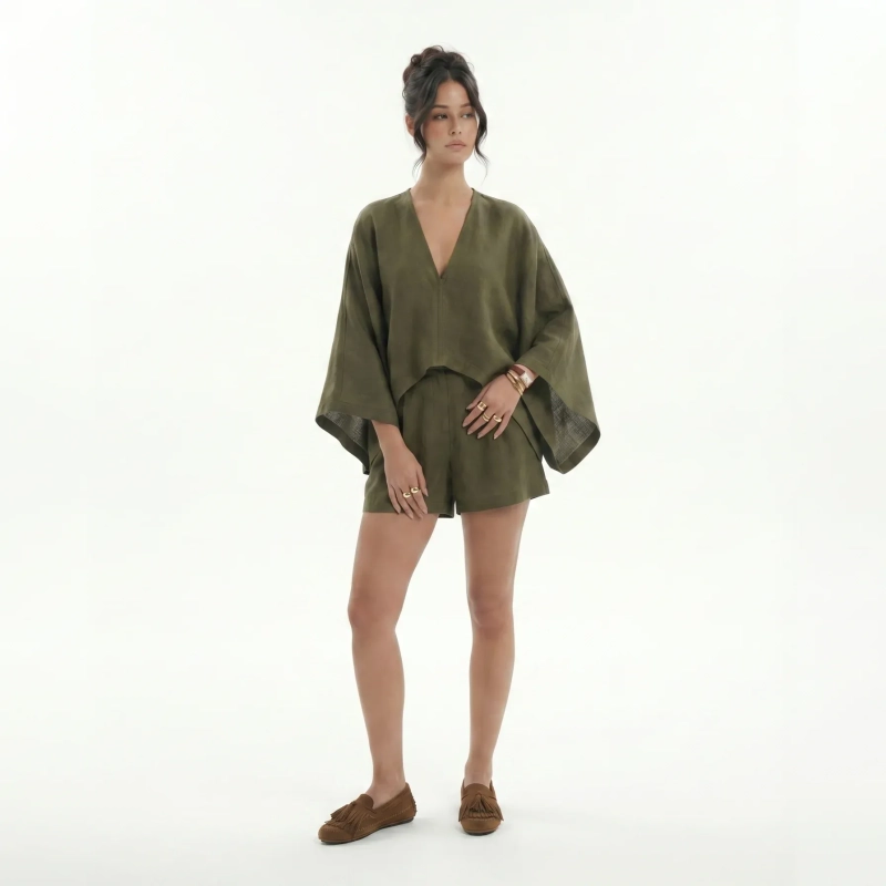 Women's Premium V - Neck Short - Sleeve Top &mdash; Casual Luxury Resort Wear, Daytime Gatherings &amp; Summer Escapes - Olive Green