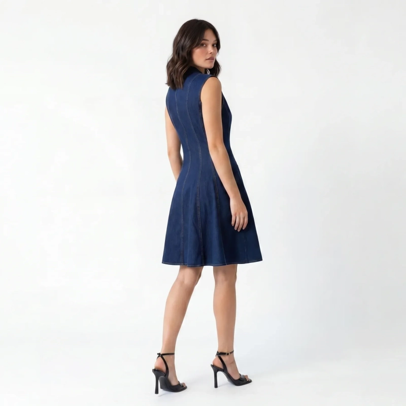Women's Premium Denim Sleeveless Scoop Neck Short Dress &mdash; Daytime Socials, Weekend Outings &amp; Chic Streetwear  - Dark Blue Denim