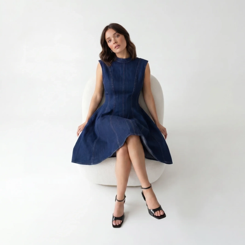 Women's Premium Denim Sleeveless Scoop Neck Short Dress &mdash; Daytime Socials, Weekend Outings &amp; Chic Streetwear  - Dark Blue Denim