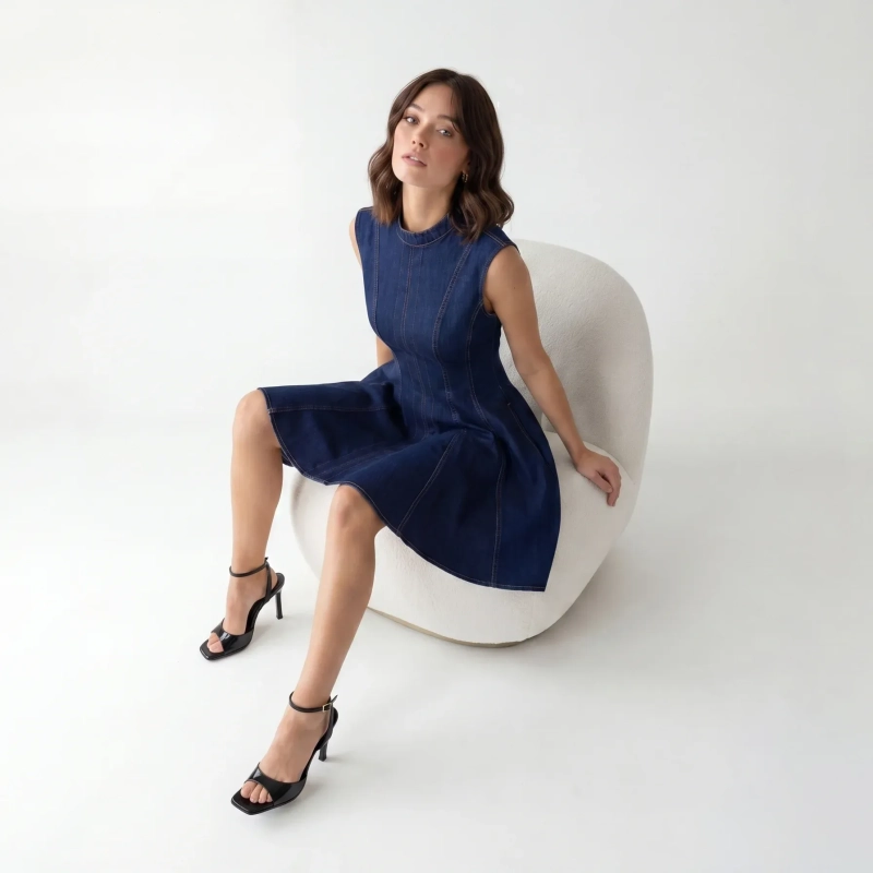 Women's Premium Denim Sleeveless Scoop Neck Short Dress &mdash; Daytime Socials, Weekend Outings &amp; Chic Streetwear  - Dark Blue Denim