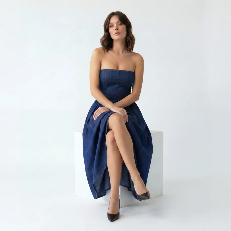 Women's Premium Strapless Structured Denim Midi Dress &mdash; Daytime Socials, Urban Escapes &amp; Weekend Luxury  - Dark Blue Denim