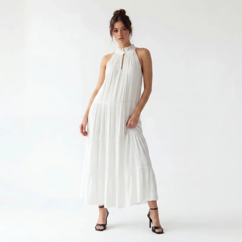 Women's Premium Sleeveless Tiered Maxi Dress Evening Gown &mdash; Coastal Galas, Luxury Resort Wear &amp; Sunset Soir&eacute;es  - White