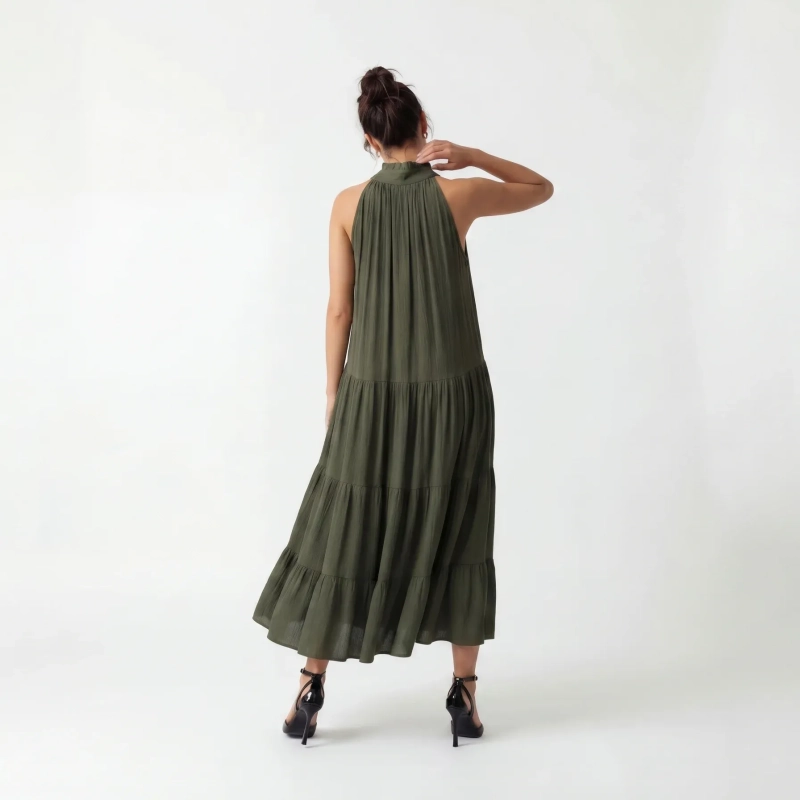 Women's Premium Sleeveless Tiered Maxi Dress Evening Gown &mdash; Coastal Galas, Luxury Resort Wear &amp; Sunset Soir&eacute;es  - Olive Green