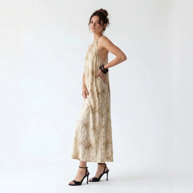 Women's Premium Evening Patterned Halter - Neck Sleeveless Maxi Dress &mdash; Coastal Galas, Luxury Resort Wear &amp; Sunset Soir&eacute;es - Beige