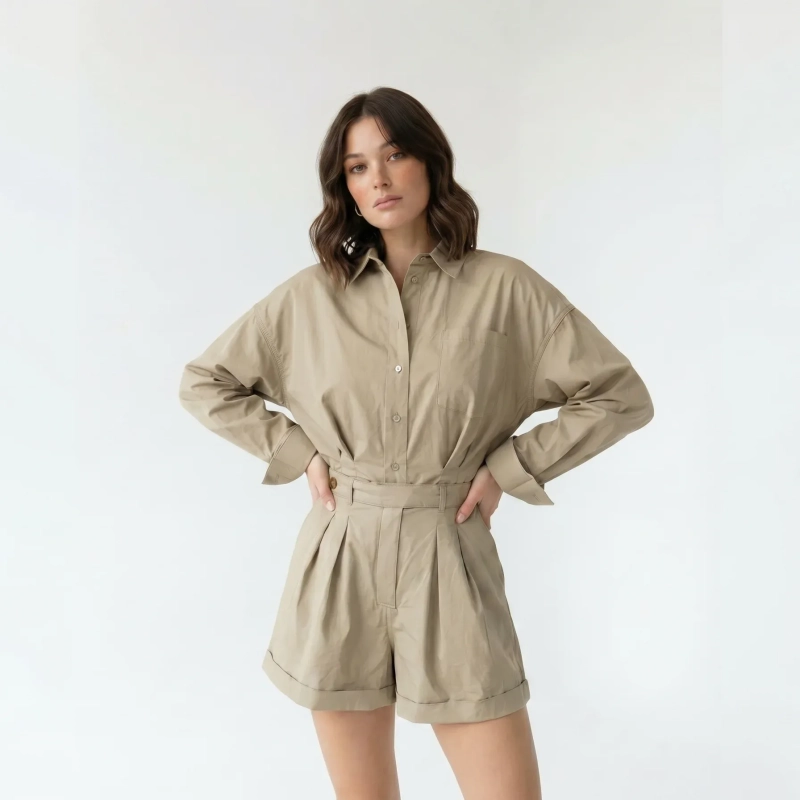 Women's Premium Tailored One - Piece Short Playsuit &mdash; Daytime Socials, Luxury Resort Lounging &amp; Summer Escapes - Beige