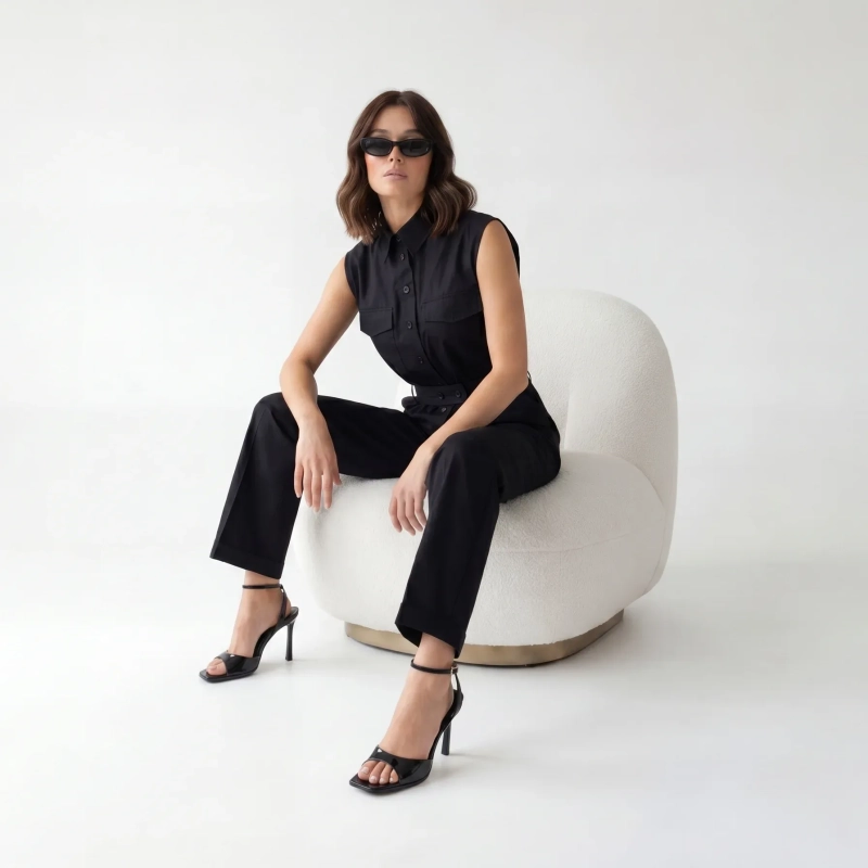Women's Premium Sleeveless Button - Up Utility Jumpsuit &mdash; Daytime Socials, Urban Escapes &amp; Modern Evening Elegance  - Black