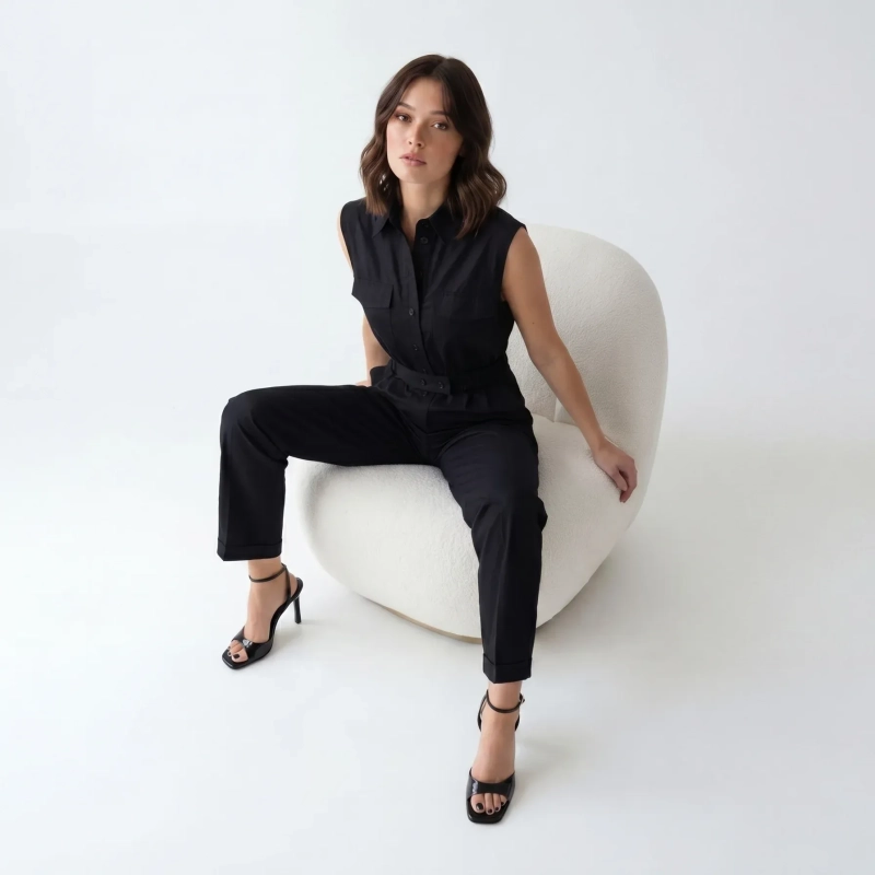 Women's Premium Sleeveless Button - Up Utility Jumpsuit &mdash; Daytime Socials, Urban Escapes &amp; Modern Evening Elegance  - Black