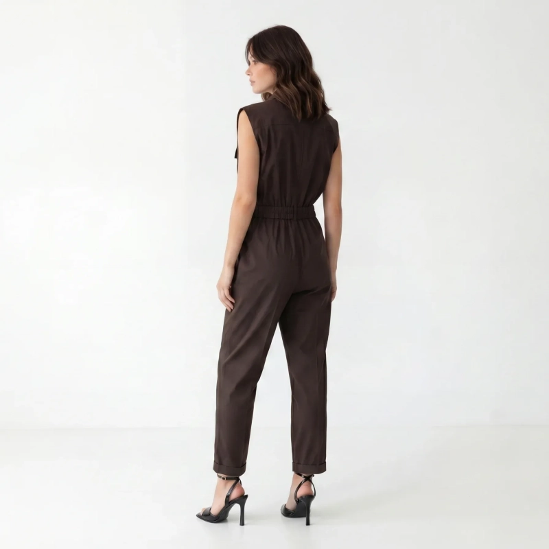 Women's Premium Sleeveless Button - Up Utility Jumpsuit &mdash; Daytime Socials, Urban Escapes &amp; Modern Evening Elegance  - Brown