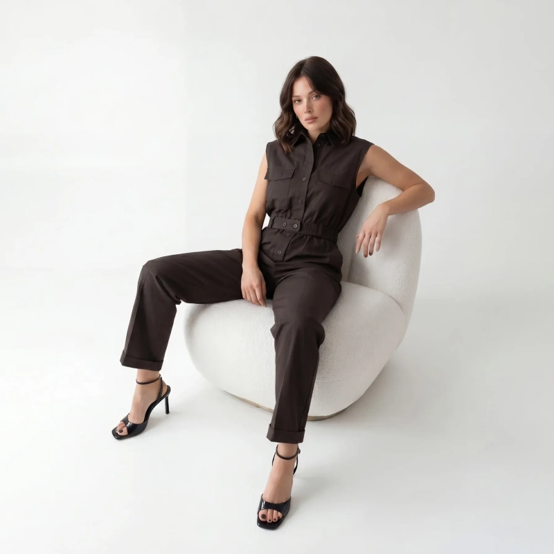 Women's Premium Sleeveless Button - Up Utility Jumpsuit &mdash; Daytime Socials, Urban Escapes &amp; Modern Evening Elegance  - Brown