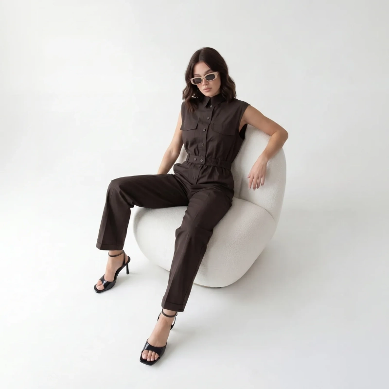 Women's Premium Sleeveless Button - Up Utility Jumpsuit &mdash; Daytime Socials, Urban Escapes &amp; Modern Evening Elegance  - Brown