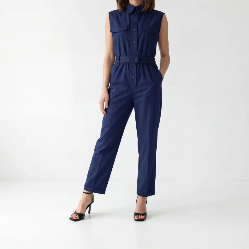 Women's Premium Sleeveless Button - Up Utility Jumpsuit &mdash; Daytime Socials, Urban Escapes &amp; Modern Evening Elegance  - Navy Blue