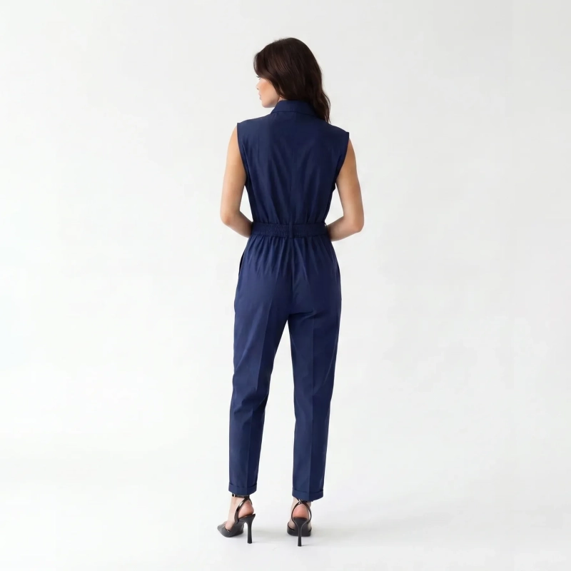 Women's Premium Sleeveless Button - Up Utility Jumpsuit &mdash; Daytime Socials, Urban Escapes &amp; Modern Evening Elegance  - Navy Blue