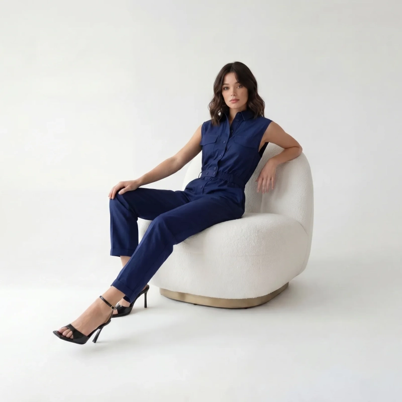 Women's Premium Sleeveless Button - Up Utility Jumpsuit &mdash; Daytime Socials, Urban Escapes &amp; Modern Evening Elegance  - Navy Blue