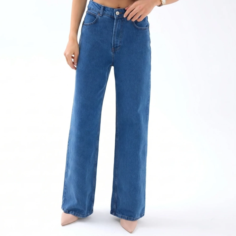 Women's Premium Denim High - Waist Wide - Leg Jeans Trousers &mdash; Daytime Socials, Weekend Outings &amp; Chic Streetwear  - Blue Denim
