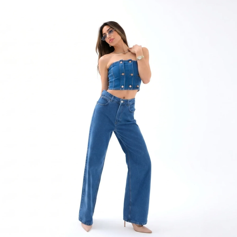 Women's Premium Denim High - Waist Wide - Leg Jeans Trousers &mdash; Daytime Socials, Weekend Outings &amp; Chic Streetwear  - Blue Denim