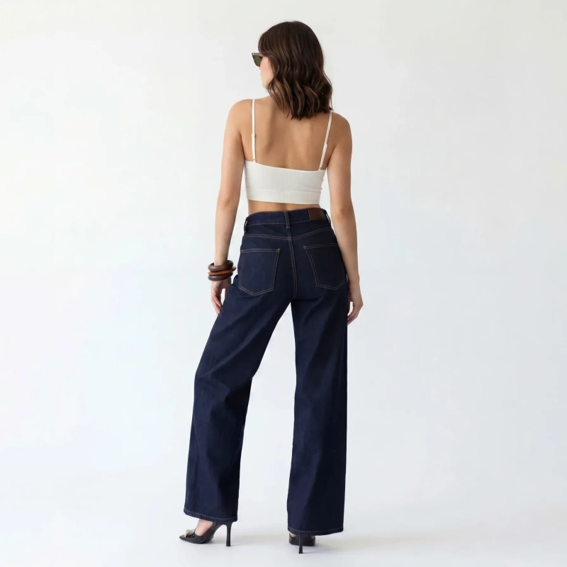 Women's Premium DenimHigh - Waist Wide - Leg Jeans Trousers &mdash; Daytime Socials, Weekend Outings &amp; Chic Streetwear  - Dark Blue Denim