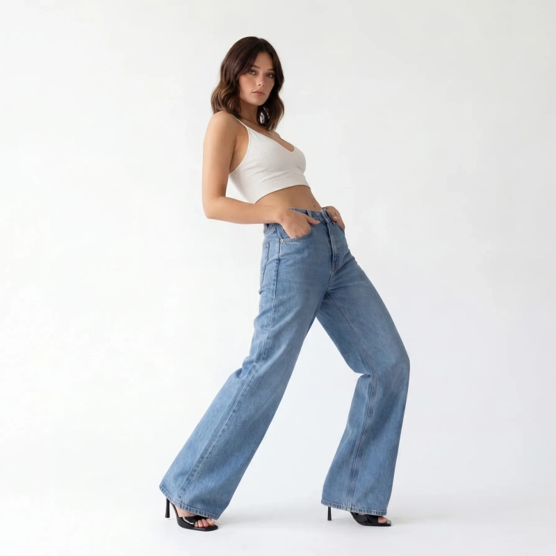 Women's Premium Denim High - Waist Wide - Leg Jeans Trousers &mdash; Daytime Socials, Weekend Outings &amp; Chic Streetwear  - Light Blue Denim