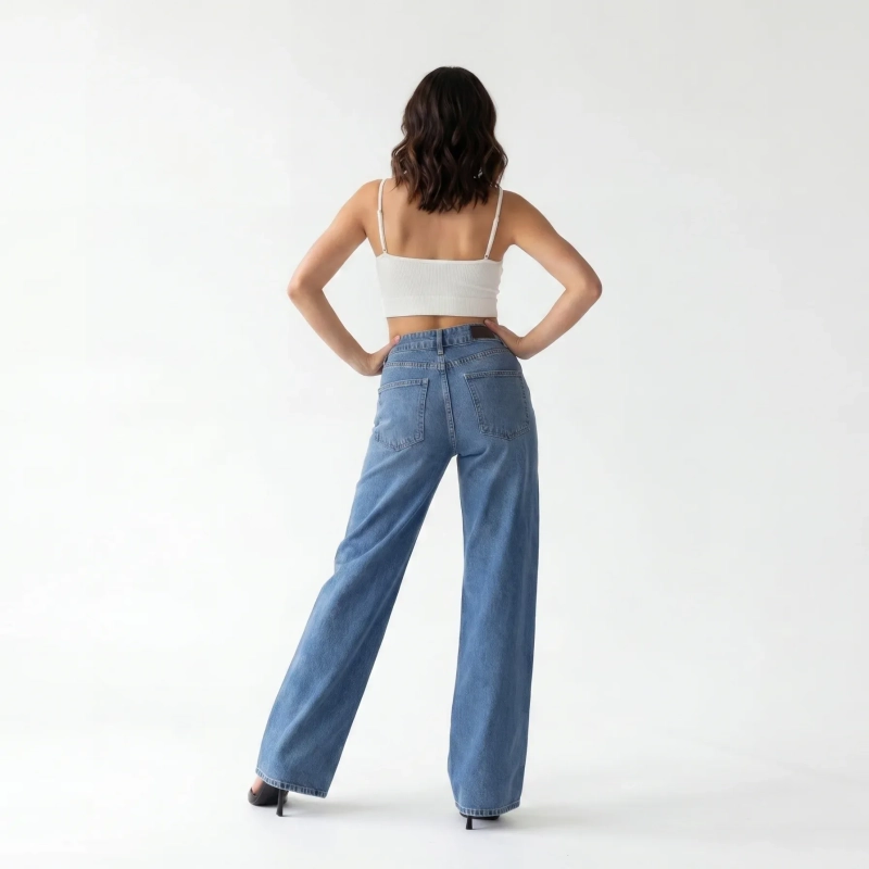 Women's Premium Denim High - Waist Wide - Leg Jeans Trousers &mdash; Daytime Socials, Weekend Outings &amp; Chic Streetwear  - Light Blue Denim