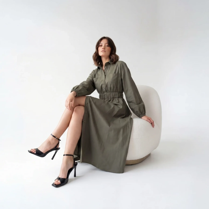 Women's Premium Shirt Long - Sleeve Button - Up Maxi Dress &mdash; Daytime Socials, Luxury Resort Lounging &amp; Summer Escapes  - Olive Green