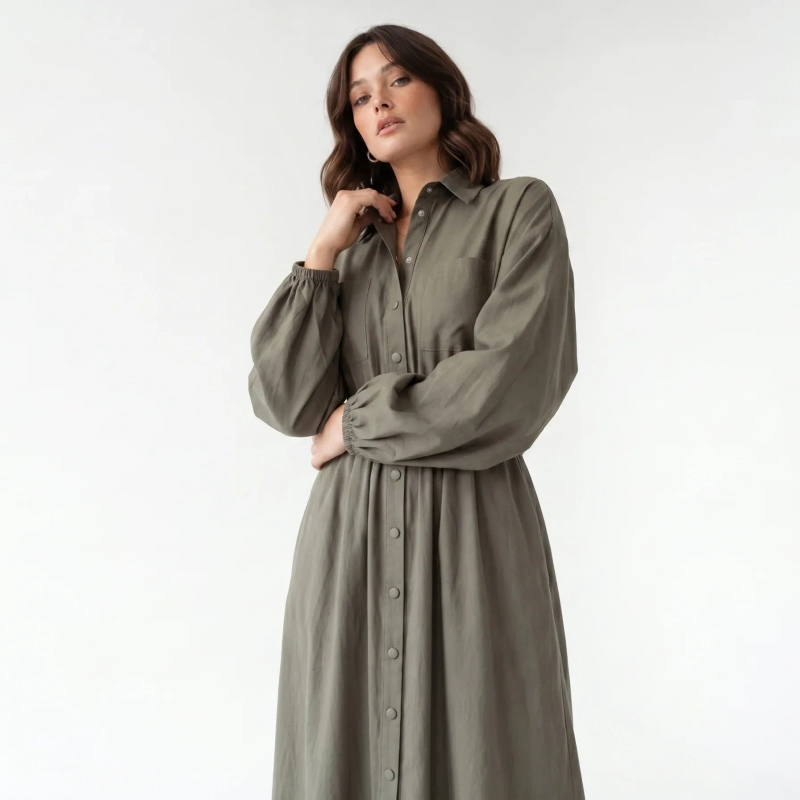 Women's Premium Shirt Long - Sleeve Button - Up Maxi Dress &mdash; Daytime Socials, Luxury Resort Lounging &amp; Summer Escapes  - Olive Green