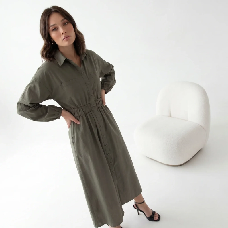 Women's Premium Shirt Long - Sleeve Button - Up Maxi Dress &mdash; Daytime Socials, Luxury Resort Lounging &amp; Summer Escapes  - Olive Green