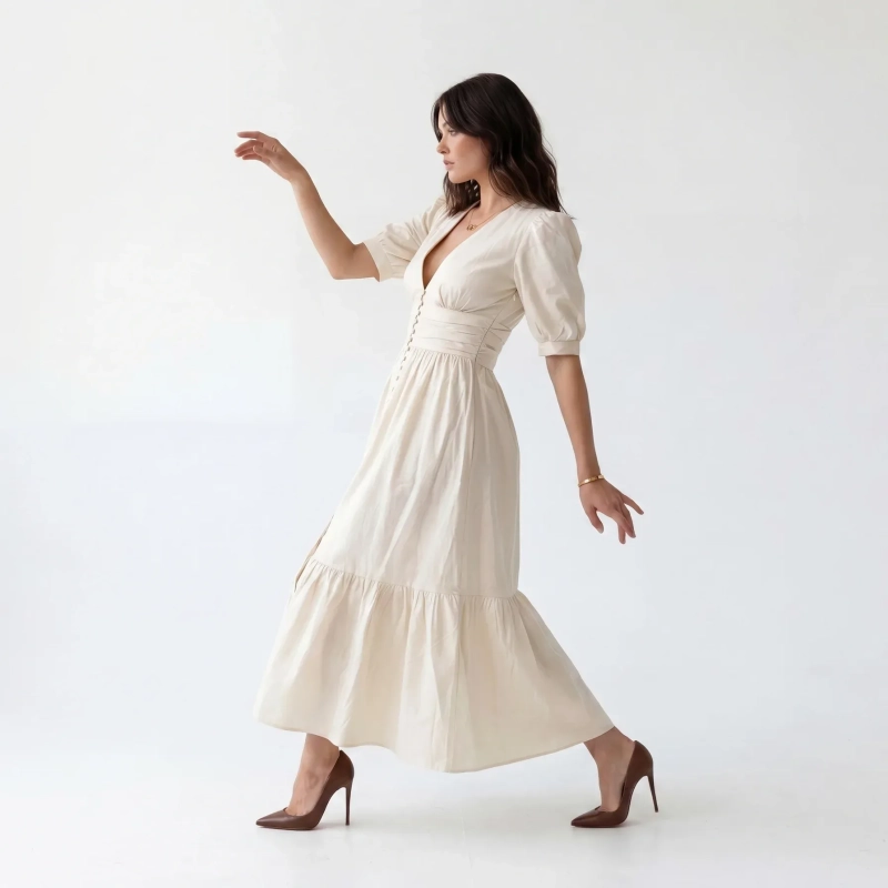 Women's Premium V - Neck Puff Sleeve Tiered Maxi Dress Cottagecore Gown &mdash; Coastal Galas, Luxury Resort Wear &amp; Sunset Soir&eacute;es  - White
