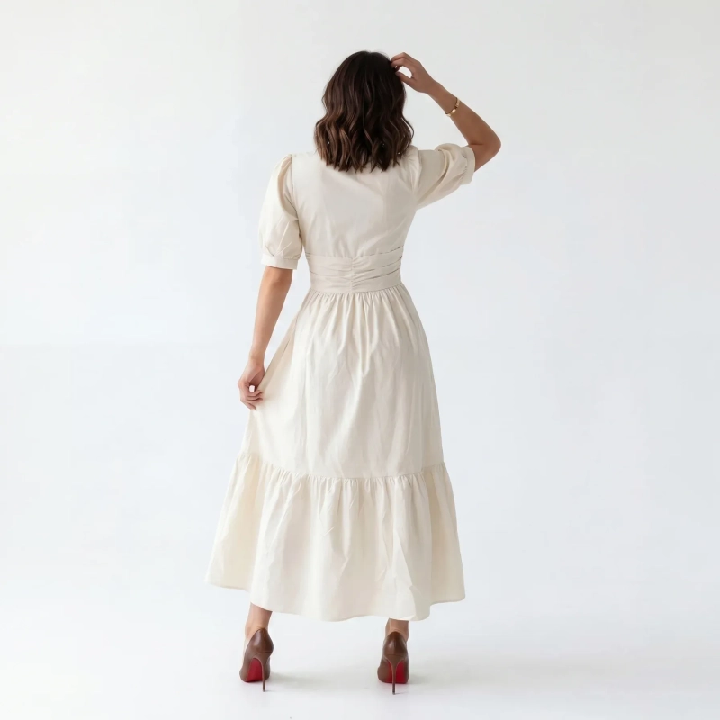 Women's Premium V - Neck Puff Sleeve Tiered Maxi Dress Cottagecore Gown &mdash; Coastal Galas, Luxury Resort Wear &amp; Sunset Soir&eacute;es  - White