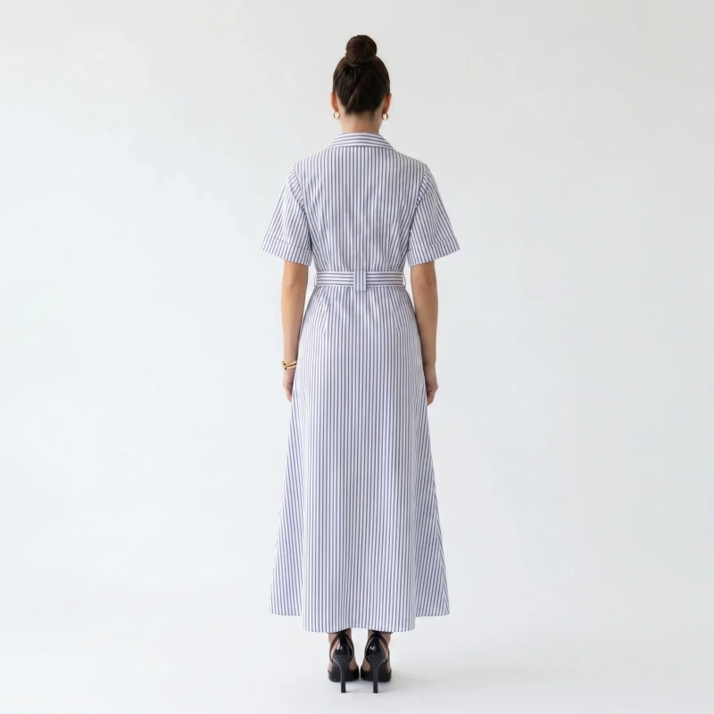 Women's Premium Shirt Short - Sleeve Striped Maxi DressWith Fabric Belt &mdash; Daytime Socials, Luxury Resort Lounging &amp; Summer Escapes  - Washington Striped Blue
