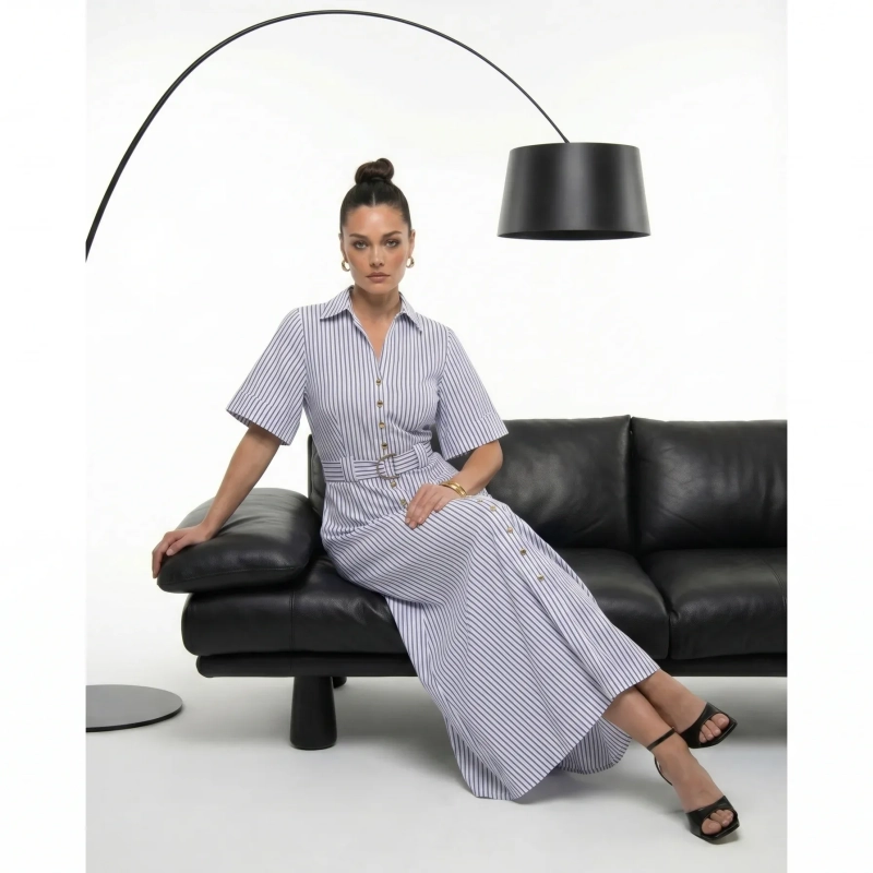 Women's Premium Shirt Short - Sleeve Striped Maxi DressWith Fabric Belt &mdash; Daytime Socials, Luxury Resort Lounging &amp; Summer Escapes  - Washington Striped Blue