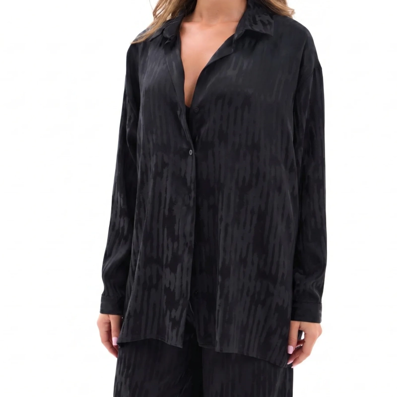 Women's Premium Co - ord Set &mdash; Long - Sleeve Button - Up Shirt &amp; Wide - Leg Trousers &mdash; Casual Luxury Resort Wear &amp; Lounge Elegance  - Oklahoma Black