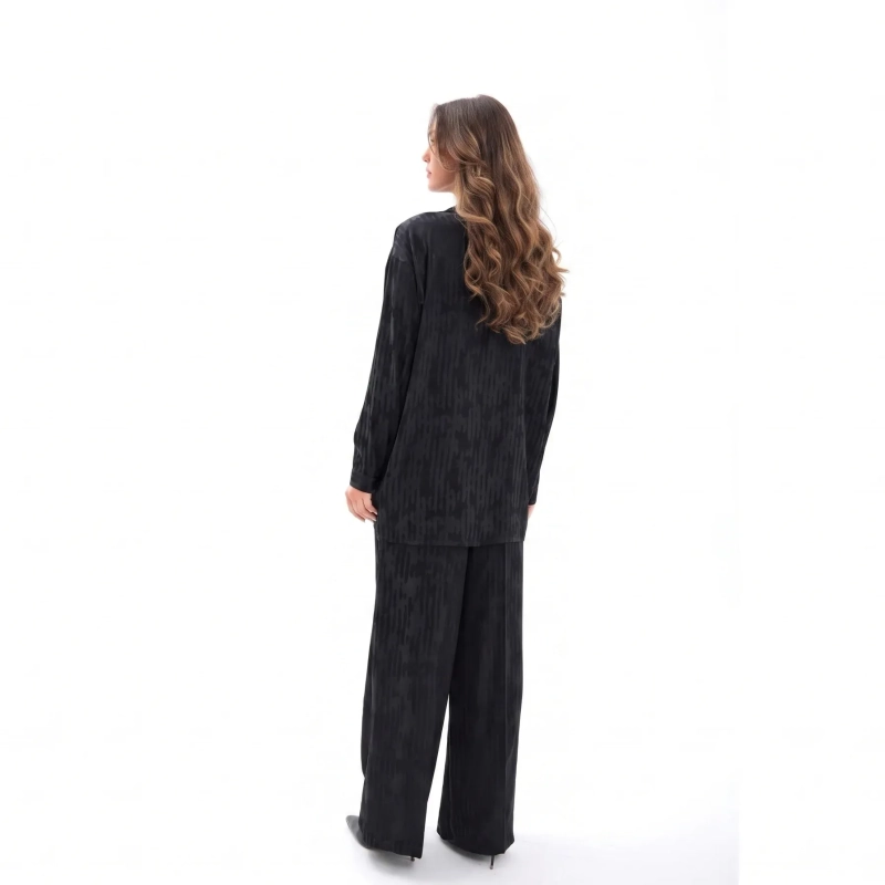 Women's Premium Co - ord Set &mdash; Long - Sleeve Button - Up Shirt &amp; Wide - Leg Trousers &mdash; Casual Luxury Resort Wear &amp; Lounge Elegance  - Oklahoma Black