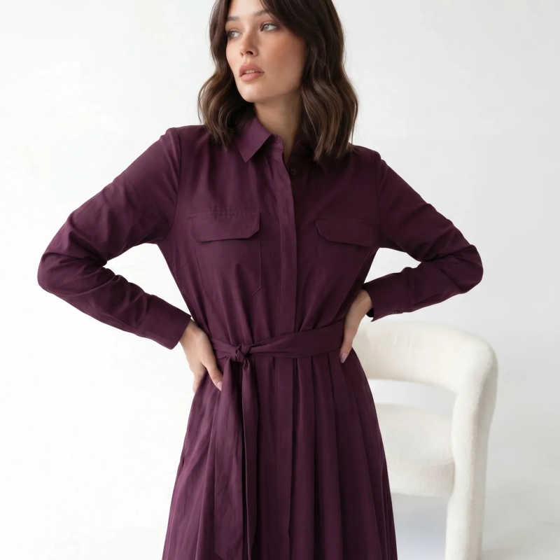 Women's Premium Shirt Long - Sleeve Button - Up Maxi Dress With Fabric Belt &mdash; Daytime Socials, Luxury Resort Wear &amp; Modern Evening Elegance - Burgundy