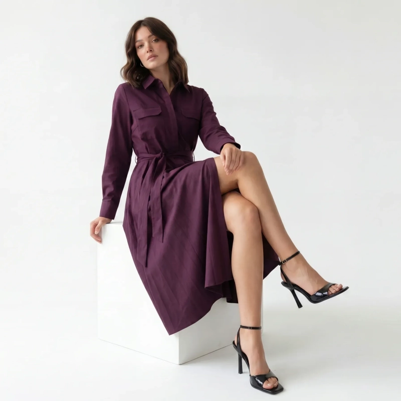 Women's Premium Shirt Long - Sleeve Button - Up Maxi Dress With Fabric Belt &mdash; Daytime Socials, Luxury Resort Wear &amp; Modern Evening Elegance - Burgundy