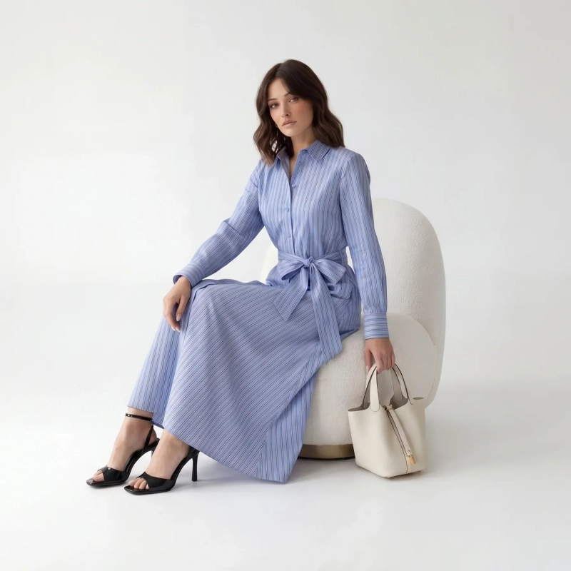 Women's Premium Shirt Long - Sleeve Maxi Dress With Fabric Belt &mdash; Daytime Socials, Luxury Resort Lounging &amp; Summer Escapes - Oakland Blue Striped