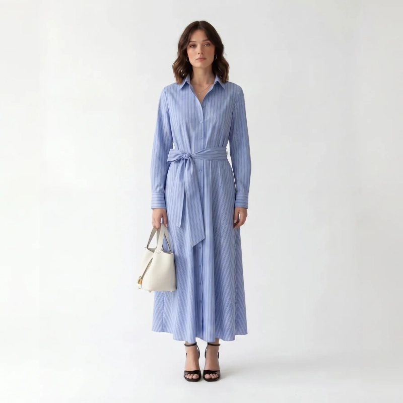 Women's Premium Shirt Long - Sleeve Maxi Dress With Fabric Belt &mdash; Daytime Socials, Luxury Resort Lounging &amp; Summer Escapes - Oakland Blue Striped