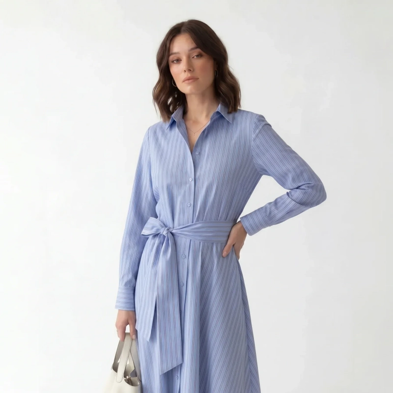 Women's Premium Shirt Long - Sleeve Maxi Dress With Fabric Belt &mdash; Daytime Socials, Luxury Resort Lounging &amp; Summer Escapes - Oakland Blue Striped