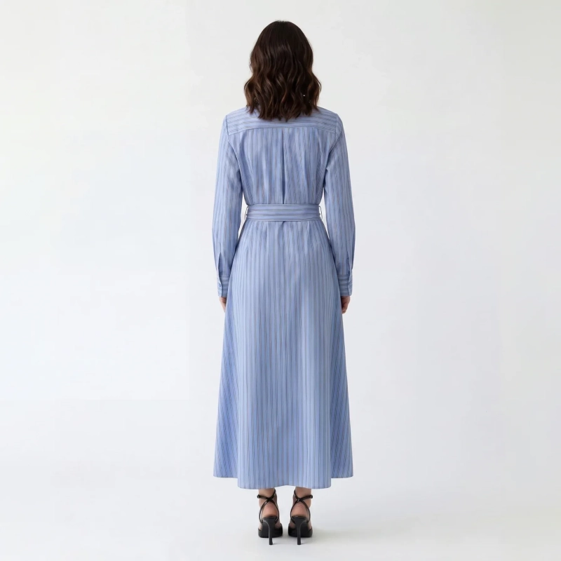 Women's Premium Shirt Long - Sleeve Maxi Dress With Fabric Belt &mdash; Daytime Socials, Luxury Resort Lounging &amp; Summer Escapes - Oakland Blue Striped